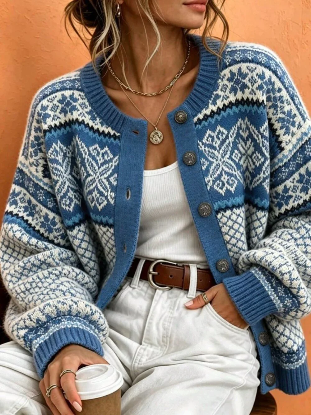 Multicolor Casual Women's Geometric Regular Button Round Neck Cardigan Sweater